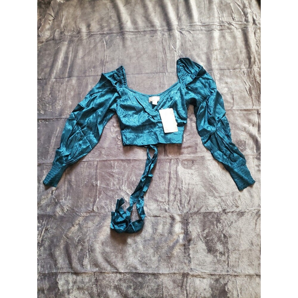 Band of the Free Top Womens XS Deep Teal Long Sleeve Jacquard Tie Waist Boho - Picture 3 of 15